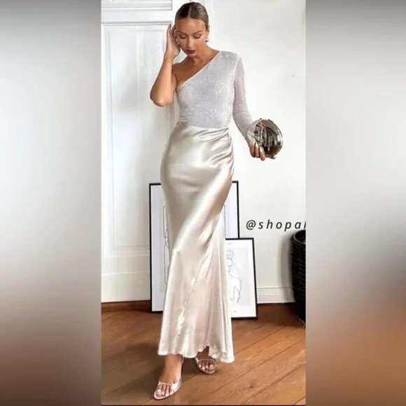 Zara Bias Cut Satin Maxi Skirt Silvery Tan NWT Size Medium - Picture 2 of 13